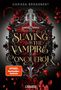 "Slaying the Vampire Conqueror" von Carissa Broadbent. Rotes Schild mit Schwert und Blumen, goldenem Auge an der Seite., Buch