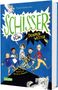 Text: "Schisser und ich", "Donner-Wetter", "Mit Bildern von Melanie Garanin." Illustration von fünf Kindern und einem Hund.