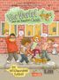 "Vier Viertel und ein Haufen Chaos" steht auf einem grünen Feld. Vier Kinder und ein Hund suchen auf einer Straße., Buch