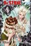 "Dr. Stone 4", "Senkus Labor". Zwei Manga-Charaktere: einer hält ein Reagenzglas, der andere trägt eine Maske., Buch