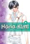 „Hana-Kimi 4“. Manga-Stil: Junger Mann mit dunklem Haar, ärmelloses Shirt, lila Hintergrund mit Blumenmustern., Buch