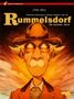 Titel: "Rummelsdorf - Die dunklen Jahre." Illustration eines älteren Mannes mit Hut und reflektierender Brille., Buch