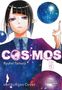 „COSMOS“, „Ryuhei Tamura“, „5“. Illustration: Frau mit violettem Anzug, spitze Ohren, zeigt auf einen Sternenhimmel., Buch