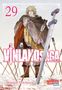 Text: "Makoto Yukimura 29 VINLAND SAGA Carlsen Manga!" Illustration eines blonden Mannes in Fellkleidung, Pfeile im Schnee., Buch