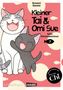 "Kleiner Tai & Omi Sue", "Süße Katzenabenteuer", Illustration zwei fröhlicher Katzen vor rosa Hintergrund mit Fisch-Silhouetten.