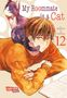 "My Roommate is a Cat" steht oben. Unten "vorläufiges Cover". Ein junger Mann in Orange liegt neben einer Katze., Buch