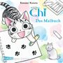 "Kleine Katze Chi: Das Malbuch" zeigt eine fröhliche gezeichnete Katze mit einem Buntstift auf einem Blatt mit Pfotenabdrücken., Buch