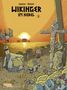 Titel: "Wikinger im Nebel". Wikinger mit Schildkrötenhelm, bärtig. Kreuz mit humorvollem Detail. Sonnenuntergang, Schiffe., Buch