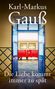 "Karl-Markus Gauß, Die Liebe kommt immer zu spät." Ein roter Zug, gesehen durch offene blaue Türen., Buch