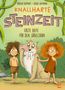 "Knallharte Steinzeit: Erste Hilfe für den Säbelzahn" zeigt zwei Kinder und einen Säbelzahntiger in einer grünen Umgebung., Buch