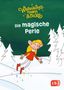 "Weihnachtsmann & Co. KG: Die magische Perle." Illustration mit Elf, schwebend im Schnee, bunte Funken, verschneite Bäume., Buch