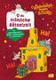 „O du fröhliche Rätselzeit“, Illustration mit Weihnachtsmann, Geschenken und elfhaften Figuren vor einem gelben Kamin., Buch