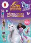 "Rätsel-Spaß mit Stickern", "Unicorn Academy", "Über 100 Sticker". Eine Illustration mit einem Einhorn und Figuren., Buch