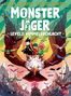 "MONSTER JÄGER: LEVEL 2: HIMMELSSCHLACHT" zeigt drei Figuren auf einem riesigen Vogel, umgeben von bunten, fliegenden Kreaturen., Buch