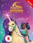 "Unicorn Academy", "Winter-Sonnenwende", "Eine Netflix Serie". Ein Mädchen reitet ein Einhorn vor einem bunten Hintergrund., Buch
