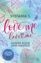 "Stefania S. Love me love me. Unsere Küsse sind magisch." Hintergrund: Pflanzenzeichnung in Grün-Blau. Prime-Logo., Buch