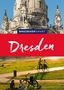 Text: "BAEDEKER SMART Dresden". Oben historische Architektur, unten Radfahrer und Spaziergänger in einer Parklandschaft., Buch