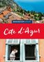 "Côte d'Azur" in weißer Schrift auf rotem Hintergrund. Oben Küstenansicht, unten Hund am Fenster mit blauen Läden., Buch