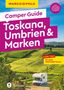"Marco Polo Camper Guide: Toskana, Umbrien & Marken" mit Landschaft und Wohnmobil in grünen Hügeln., Buch