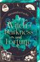 Buchtitel: Witch of Darkness and Fortune. Name: Alexandra Fuchs. Türkises und schwarzes Design mit Karten und Blumen., Buch