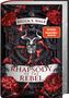 "Becca S. Hale", "Rhapsody of the Rebel", "Tor". Buchcover mit Schädel, roten Blumen, Rissen und dekorativen Elementen., Buch