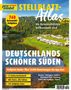 "STELLPLATZ-Atlas Extra", "722 Reisemobil-Stellplätze", "BEISPIELABBILDUNG". Wohnmobile auf einem grünen Campingplatz.