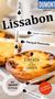 "Einfach mal treiben lassen", "Party & Portwein", "Mit großem Cityplan", "Lissabon". Nahaufnahme von Gebäck. , Buch