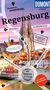 „Regensburg“, „Hier kommen so einige Redewendungen her“. Illustration mit einer Stadtansicht, im Hintergrund ein Dom., Buch