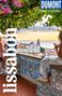 Text: "DUMONT Reise-Taschenbuch, lissabon". Aussicht auf Lissabon mit Meer, Kirche, Pflanzen und Menschen auf einer Terrasse., Buch