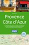 Text: Provence Côte d’Azur. Entdeckungsreisen von Lavendelfeldern bis Monaco. Bild: Zwei Balkone, gelbe und rote Fassade.