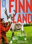 "FINNLAND" in großen roten Buchstaben. Ein Mann in roter Jacke streichelt ein Rentier auf einer grünen Wiese., Buch