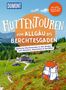 Hüttentouren vom Allgäu bis Berchtesgaden. Illustration: Berge, Hütten, Pfad, oranger Rucksack, blauer Himmel., Buch