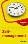 "Taschen Guide plus: Zeitmanagement" in rotem Text auf gelbem Hintergrund mit Uhr und Symbolen bei 12, 3, 6, 9., Buch