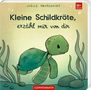 „Kleine Schildkröte, erzähl mir von dir“. Illustration einer fröhlichen grünen Schildkröte im Wasser., Buch