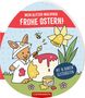 "Mein Glitzer-Malspaß Frohe Ostern! Mit 16 bunten Glitzerseiten." Illustration: Hase malt Ei mit Pinsel, Blume und Biene., Buch