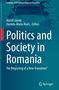 Auf blauem Hintergrund steht in Weiß: "Politics and Society in Romania: The Beginning of a New Transition?" Ein Auto bricht durch., Buch