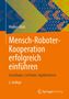 Titel: "Mensch-Roboter-Kooperation erfolgreich einführen". Bunte geometrische Muster im Hintergrund, gelb und blau., Buch