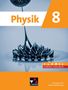 „Physik 8“ steht groß in orange. Darunter eine silberne Flüssigkeit mit Spitzen. Text: „Hybrides Schulbuch“., Buch