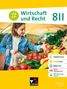 „Wirtschaft und Recht 8II“. Eine junge Frau wählt auf einem Markt Gemüse aus. Bunte Codes rechts. C.C. Buchner-Logo unten.