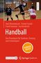 "Sportpraxis", "LEHRBUCH", "Handball", "VIDEOS INSIDE" auf rotem Hintergrund. Frauen spielen Handball., Buch