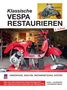 „Klassische Vespa Restaurieren“, Buchcover, rote Vespa in Werkstatt, „2. Auflage“, Beschreibung textet Restaurationsprozess., Buch