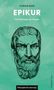 Titel: "EPIKUR - Der Philosoph der Freude" von Florian Russi. Skizze eines männlichen Gesichts., Buch