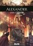 Titel: "ALEXANDER DER GROSSE". Illustration: Alexander sitzt auf einem Thron, umgeben von Kriegern und einem Schreiber., Buch