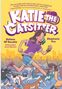 "Katie the Catsitter" in großer Schrift, Mädchen in Bewegung umgeben von vielen Katzen in lebendigen Farben., Buch