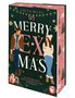 Buchcover: "MY MERRY EX MAS" von Freya Miles. Illustrationen von einem Mann und einer Frau, Weihnachtsdekorationen.