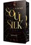 „Soul Silk: The Damned Loom. Dark Romance. L. M. Bicker.“ Buchcover mit Spinnennetz-Motiv in düsteren Farben.