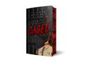 "CAGED. Dein dunkles Spiel." Roter Text auf dunklem, rauem Hintergrund mit Gitterstäben und einer brennenden Papierecke.