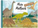 „Mein Malbuch, Dinosaurier, extra großes“. Illustration von Dinosauriern vor Vulkanen und Bergen., Buch