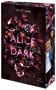 "Alice Queen of the Dark", rosa Leuchtschrift vor dunklen Blumen; rechte Seite mit gemalten Figuren.