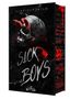 Text: Clarissa Wild, Sick Boys, Unholy. 
Ein dunkler Hintergrund mit einem Schädel, Schlange und Rose in Rot., Buch